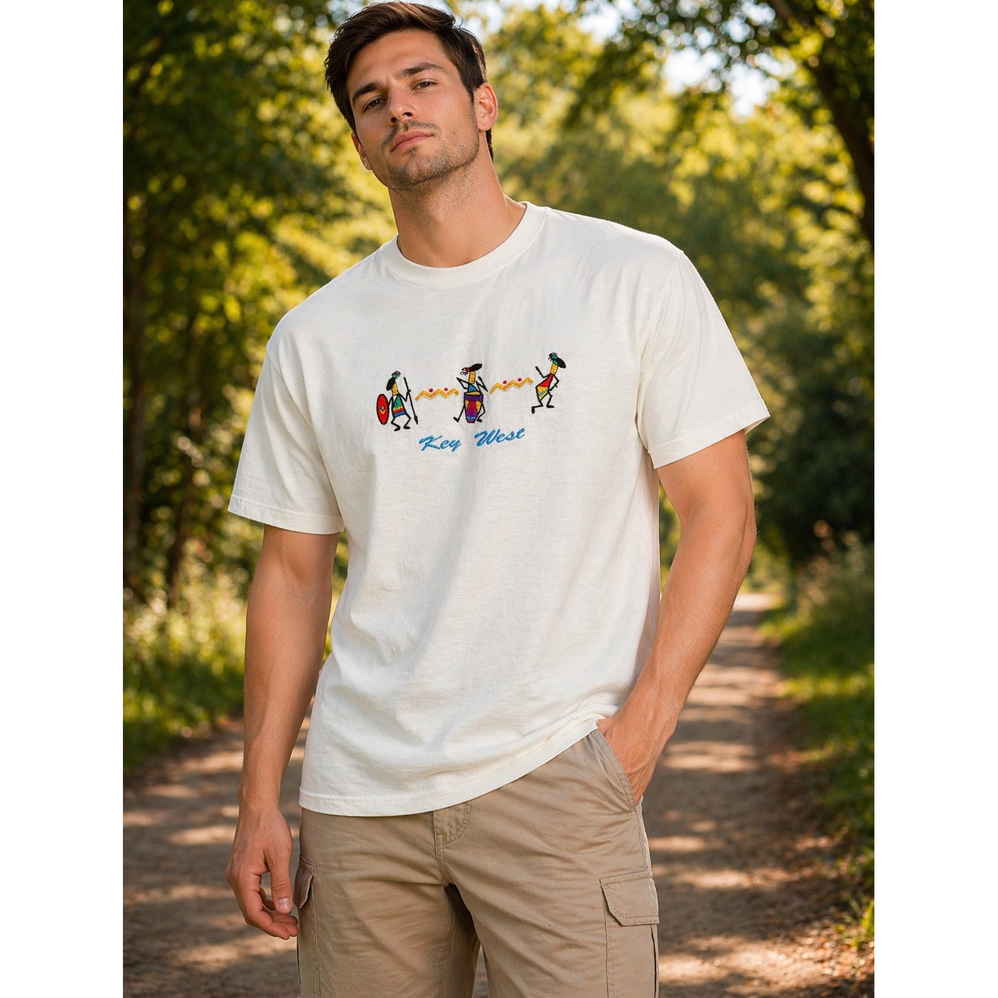 Fruit Of The Loom Key West Embroidered Vintage T-Shirt Mens Medium Cream Cotton